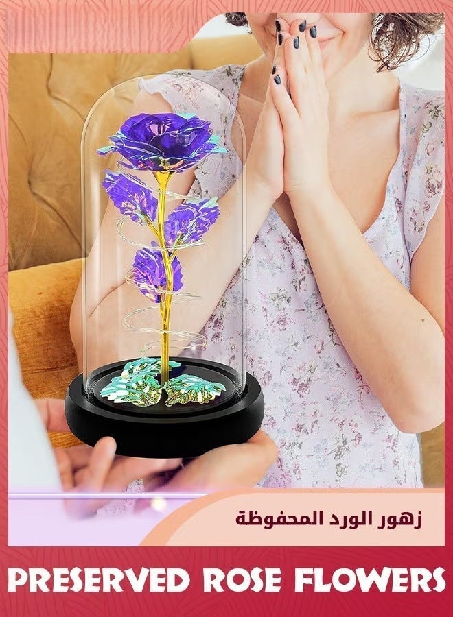 زهرة مصطنعة ملونة هدية الورد,ضوء LED للأبد ورد هدايا عيد ميلاد للمرأة أم الجدة زوجة,زهرة الورد في القبة الزجاجية,الجمال الخالد للزمن,هدايا فريدة من نوعها لعيد الأم / عيد ميلاد,الأرجواني,, - Image 2